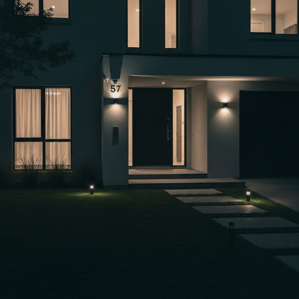 Modern home with security lighting and discreet CCTV